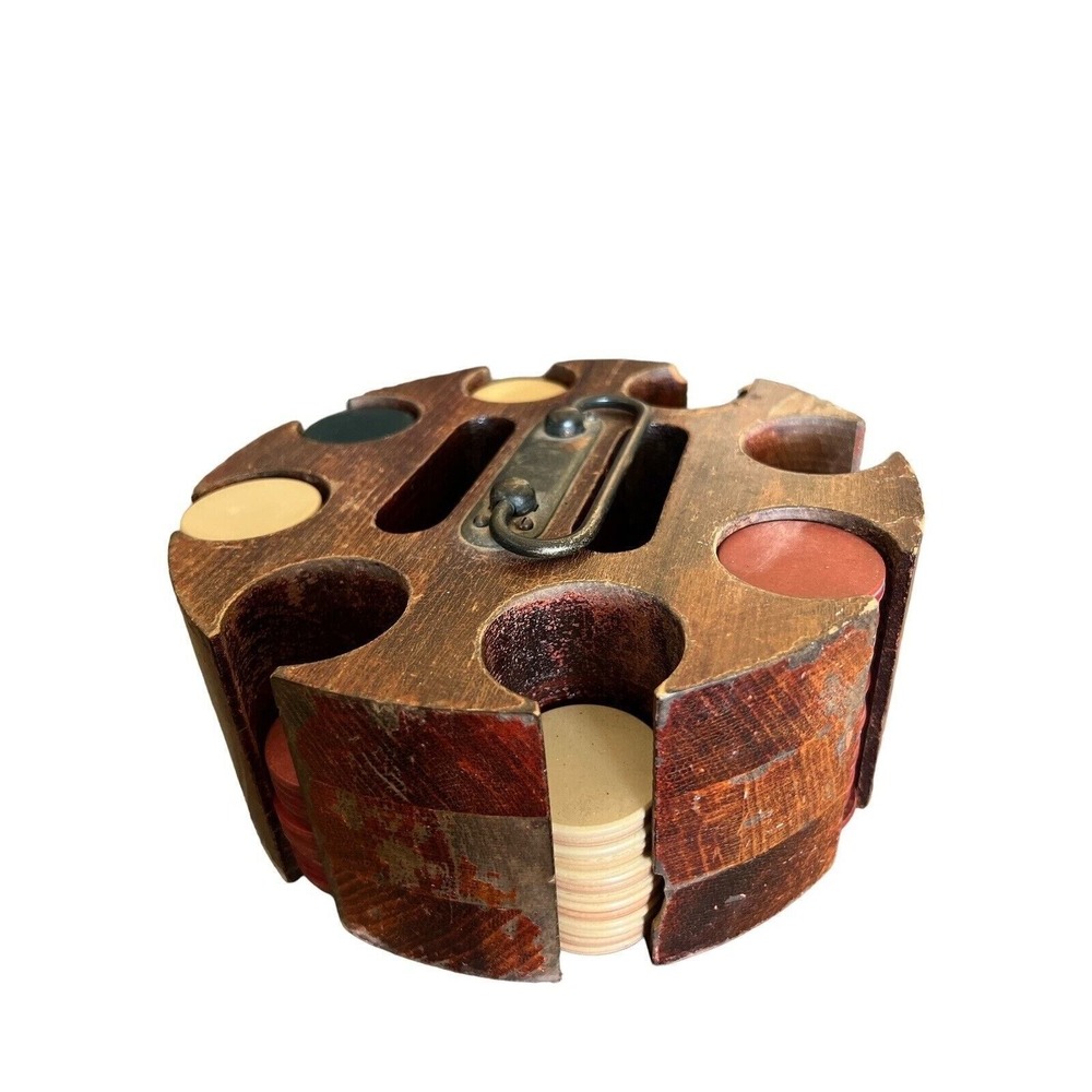 Vintage Wooden Carousel Poker Chip Caddy Holder with Metal Handle and Chips